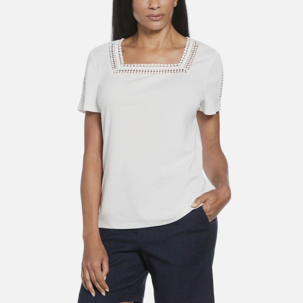 Rafaella Crochet Trim Square Neck Top XL Extra Large White Short Sleeve Blouse